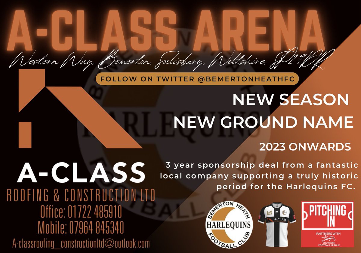 BemertonHeathFC's tweet photo. **ANNOUNCEMENT**

The Harlequins are delighted to announce a new partnership with A-Class Roofing &amp; Construction Ltd.

Our stadium will now be known as the A-CLASS ARENA with the company details also featuring on our new 1st team shirts for our historic new season ahead (1/2) https://t.co/Eiua734Kkx
