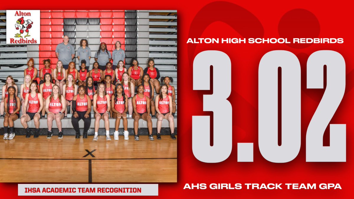 AltonAthletics's tweet photo. Time to recognize our academic winners for Redbird Athletics. 1st up is our Girls Track program who received IHSA Team Recognition for their work in the classroom this spring. Way to go ladies! @AHSGirlsTrack3 @AHS_Redbirds https://t.co/mtaCm4iyma