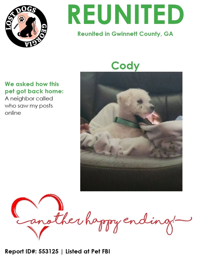 scontent-lga3-2.xx.fbcdn.net/v/t39.30808-6/… facebook.com/photo.php?fbid… facebook.com/pages/p/388916… Lost Dogs Georgia We are very happy to report that Cody is back home.

Welcome home, Cody!
To search our listings or list a lost/found pet, visit: PetFBI.org
#LostDogsGeorgia #PetFBI