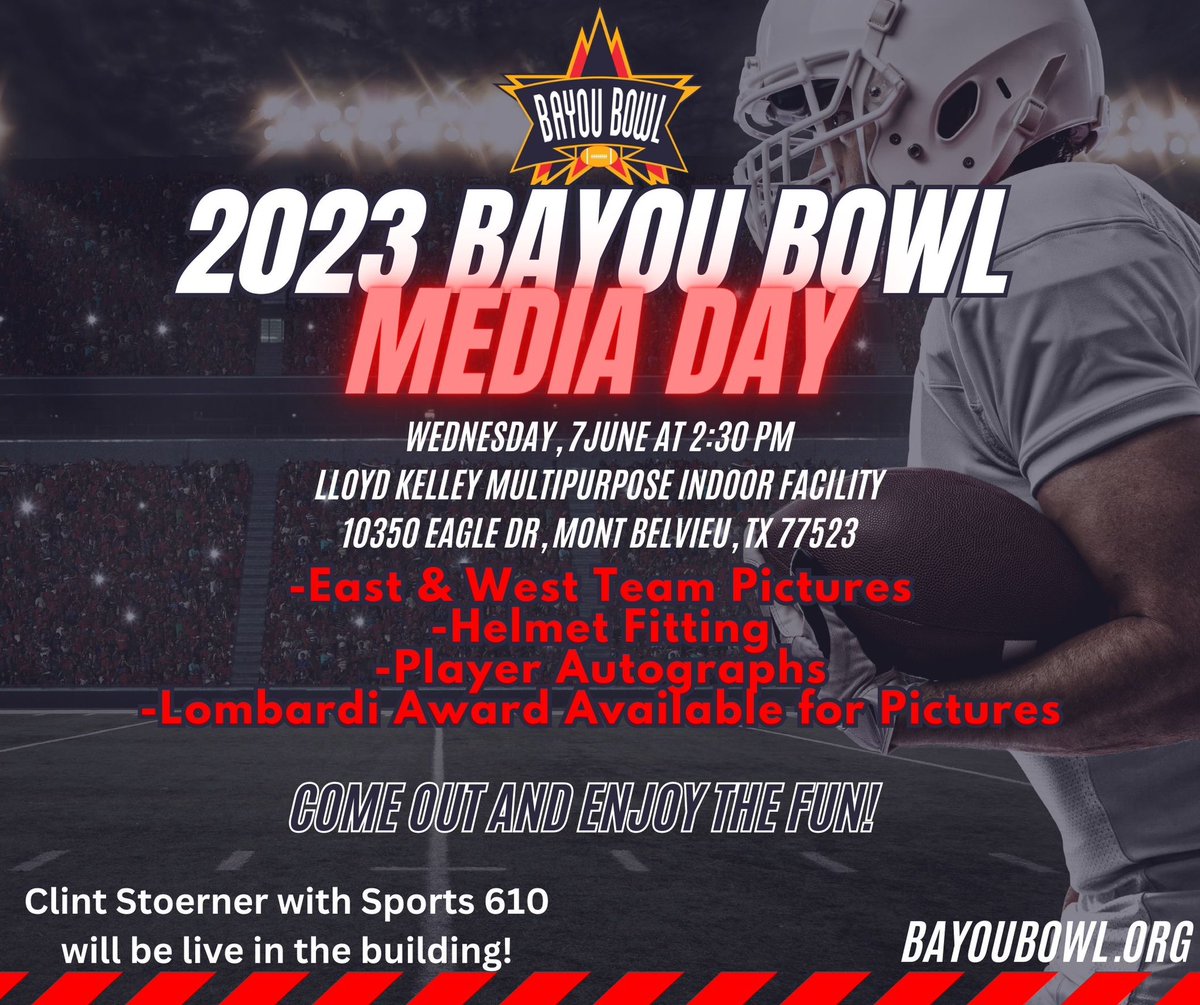 abseckLPFB's tweet photo. Don’t miss the Media Day for the Bayou Bowl at the Barbers Hill Indoor at 2.  Meet the players from both teams and bring the kids to get autographs! https://t.co/VkL88zK3Fz