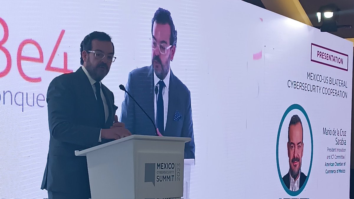 AmChamMexico's tweet photo. "En ciberseguridad, la lección es que tenemos que cooperar más: vinculación público-privada e integración estratégica de #Norteamérica. Alineación, compartición de información y valores comunes" @mariodelacruz, Pte. #InnovaciónyTICs, presente en #MexicoCybersecuritySummit https://t.co/2bEsvNCpFg