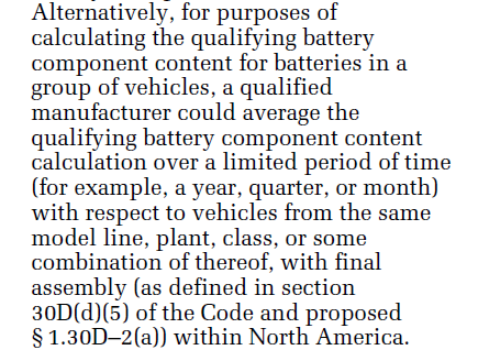 RhoMoWill's tweet photo. How is the Model 3 with LFP cells qualified for $7,500? 

With this portion of the guidance Tesla can average the value-add of battery production across a whole model line or even plant! 

So the value of US cell production for Model 3/S/X can balance the import of CATL packs! https://t.co/HwWdokOiRV