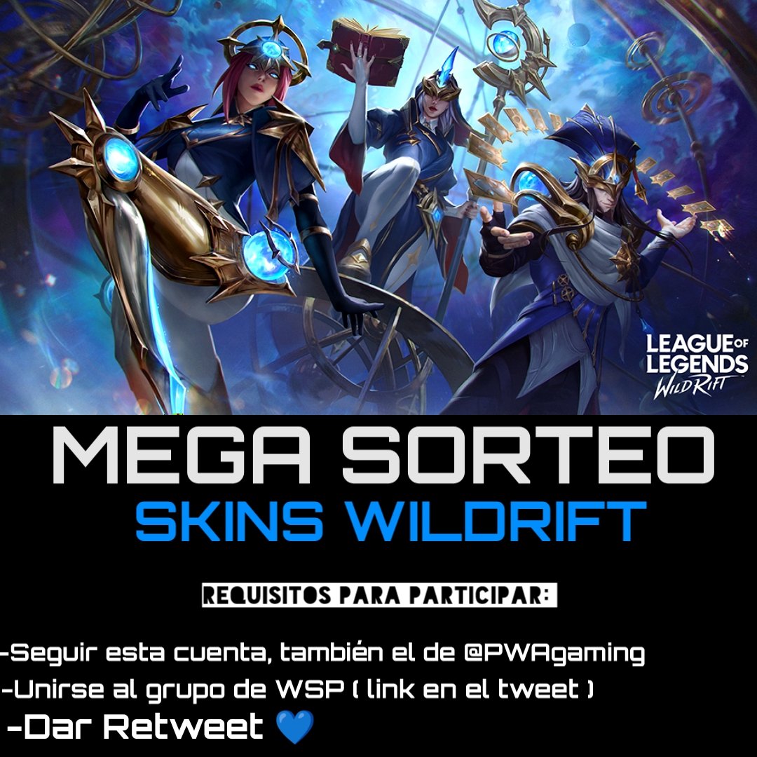 💙SORTEO DE SKINS PARA WILDRIFT💙

-Regiones:

NA - Épicas y Legendarias.
LAN -  Épicas y Legendarias.
LAS - Épicas y legendarias.

El sorteo se llevará a cabo el 01/07/2023 

5 Skins Legendarias💛
5 Skins Épicas 💜

Tweet:
x.com/PWAGaming?t=KT…

Grupo: chat.whatsapp.com/HKXIZvOQj1gHkX…