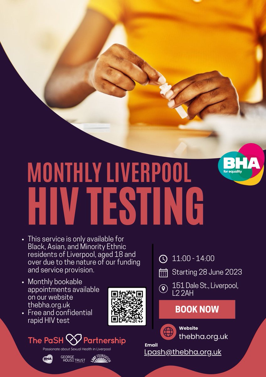 the_BHA's tweet photo. We are announcing monthly bookable HIV testing in Liverpool! Fast and discreet! Book your test here: https://t.co/fhcD1Hks84
@GMPaSH
@PaSHinLiverpool
#hivprevention #hivtesting #sexualhealth #liverpoolcommunity #liverpool #sexualeducation #pash #pashinliverpool https://t.co/h1hQ87BA4E