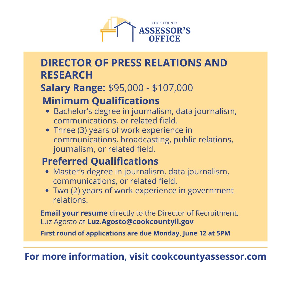 Do you have a background in journalism, press relations, and interest in local government? Then check out our job posting for Director of Press Relations & Research. cookcountyassessor.com/job-opportunit… Email resume to Luz.Agosto@cookcountyil.gov @cookcountygov @ChiCookWORKS