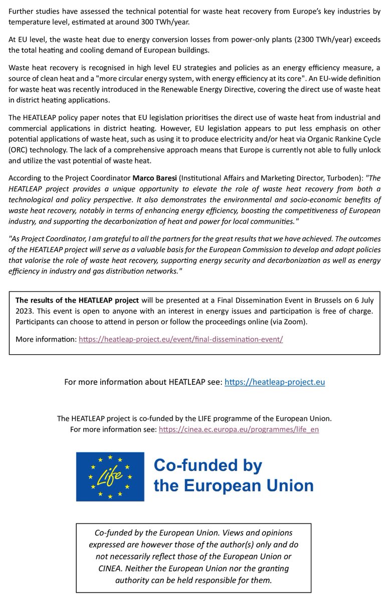📢 HEATLEAP partners call on policy-makers to promote the recovery of ‘waste heat’ as a means of saving energy, reducing costs and cutting emissions

News Release ➡️ bit.ly/HEATLEAP-PR2

Policy Paper ➡️ bit.ly/HEATLEAP-PP1

#WasteHeatRecovery #EnergyEfficiency