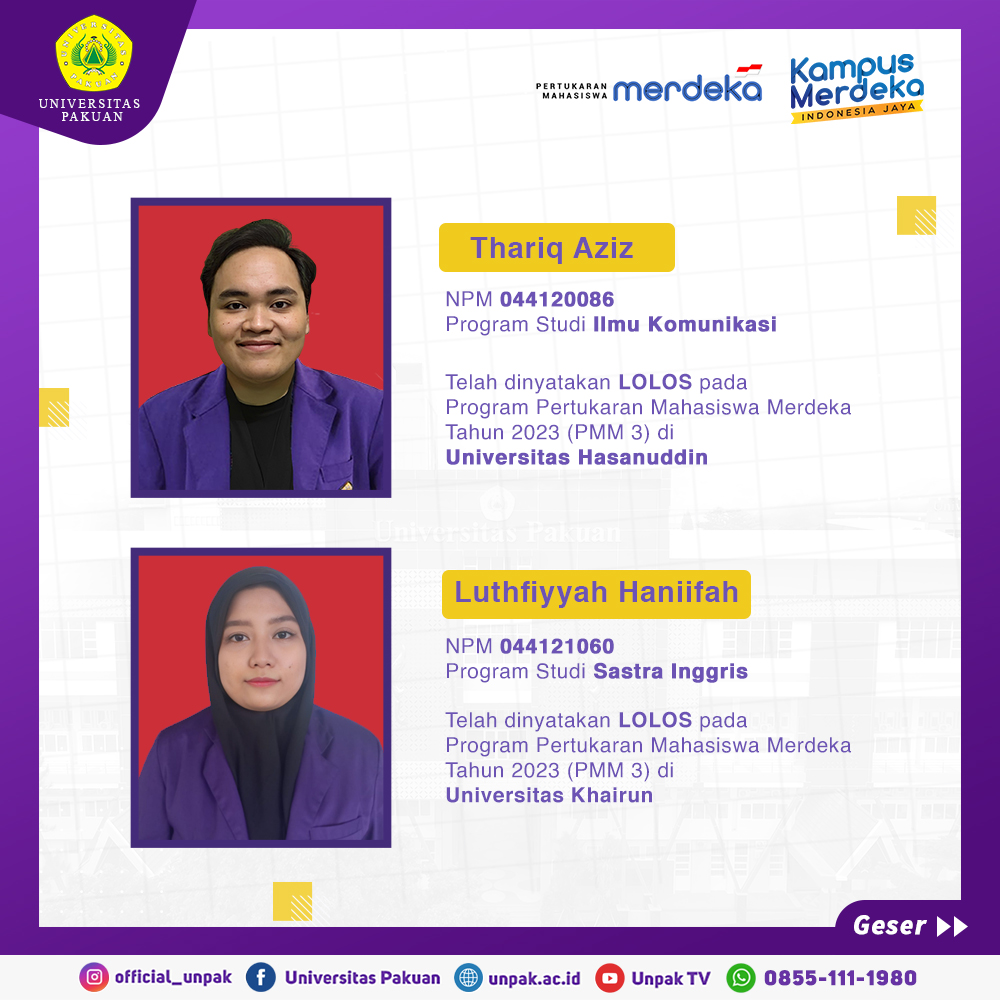 official_unpak's tweet photo. Selamat kepada Mahasiswa Universitas Pakuan yang telah lolos Program PMM tahun 2023.

#PMM3 #KampusMerdeka #Unpak https://t.co/MbbV2pNyMT