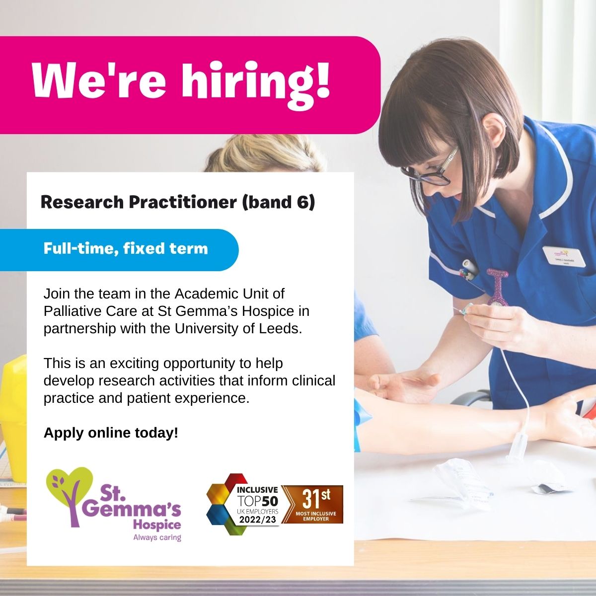 St Gemma's Hospice (@stgemmashospice) on Twitter photo We have an exciting opportunity for a Research Practitioner to join our team in the Academic Unit of Palliative Care at St Gemma's Hospice in partnership with <a href="/UniversityLeeds/">University of Leeds</a>.
To learn more, visit st-gemma.current-vacancies.com/Jobs/Advert/31…
#nursingjobs @LeedsMedHealth <a href="/drmikestockton/">Mike Stockton</a> We have an exciting opportunity for a Research Practitioner to join our team in the Academic Unit of Palliative Care at St Gemma's Hospice in partnership with <a href="/UniversityLeeds/">University of Leeds</a>.
To learn more, visit st-gemma.current-vacancies.com/Jobs/Advert/31…
#nursingjobs @LeedsMedHealth <a href="/drmikestockton/">Mike Stockton</a>