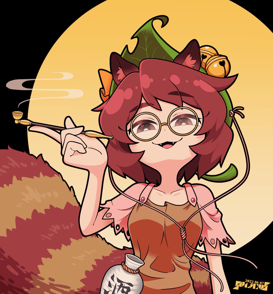 futatsuiwa mamizou 1girl raccoon ears raccoon tail animal ears brown hair tail smoking pipe  illustration images