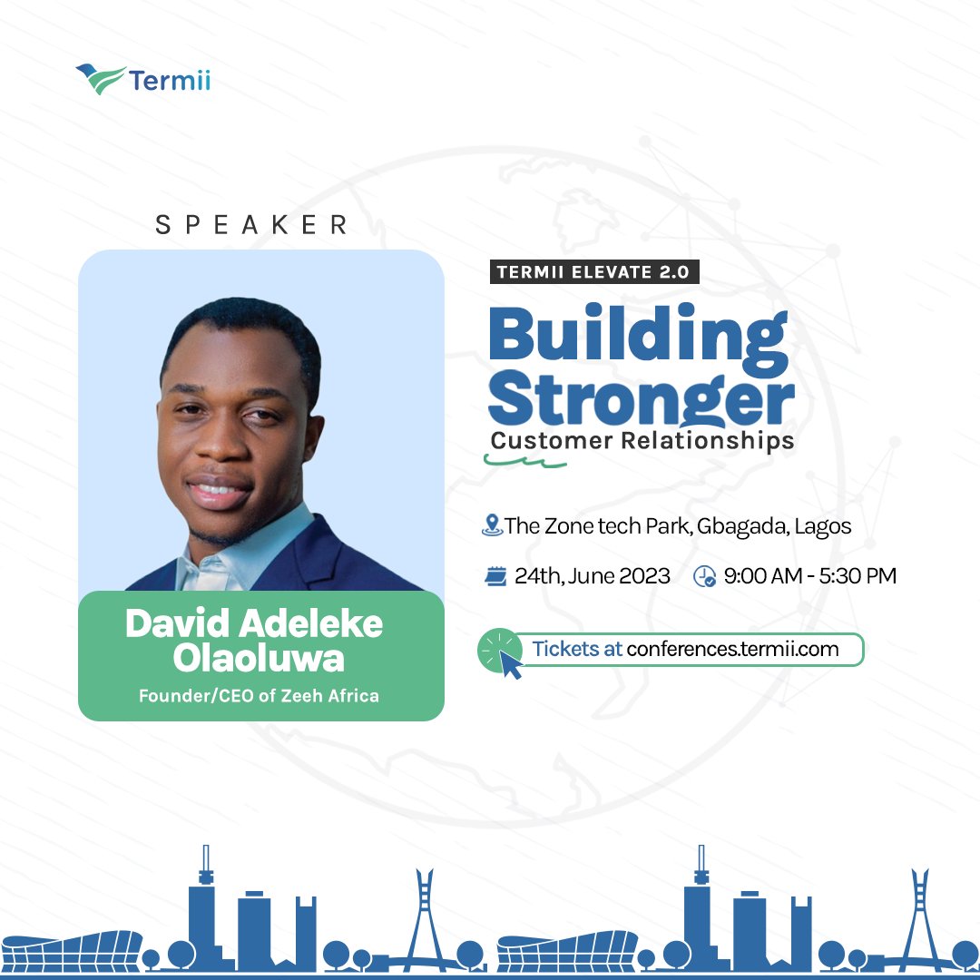 termii_network's tweet photo. #TermiiElevateConference2023 | Hi guys👋, meet #DavidAdeleke, he'll be sharing his insights in our second-panel discussion on Preventing Fraud in Customer Transactions at the #TermiiElevateConference🚀
#DavidAdeleke is the esteemed Founder/CEO of @zeeh_africa, bringing with him extensive expertise as an investment professional and executive. With a remarkable track record of over 7 years, his experience encompasses various aspects such as deal origination, execution, portfolio management, exits, business building, operations, and board formation and management.
Learn more via the link below🔗
https://t.co/Wix8SqLFZ9
-----------------------------------------
#Termii is a leading communication platform that enhances customer engagement with personalized messaging, a secure OTP feature for reliable authentication and verification, and customer analytics for businesses.
#TermiiElevate2023 #BuildingCustomerRelationships #ElevateConference #SpeakerAnnouncement #Networking #RegisterNow