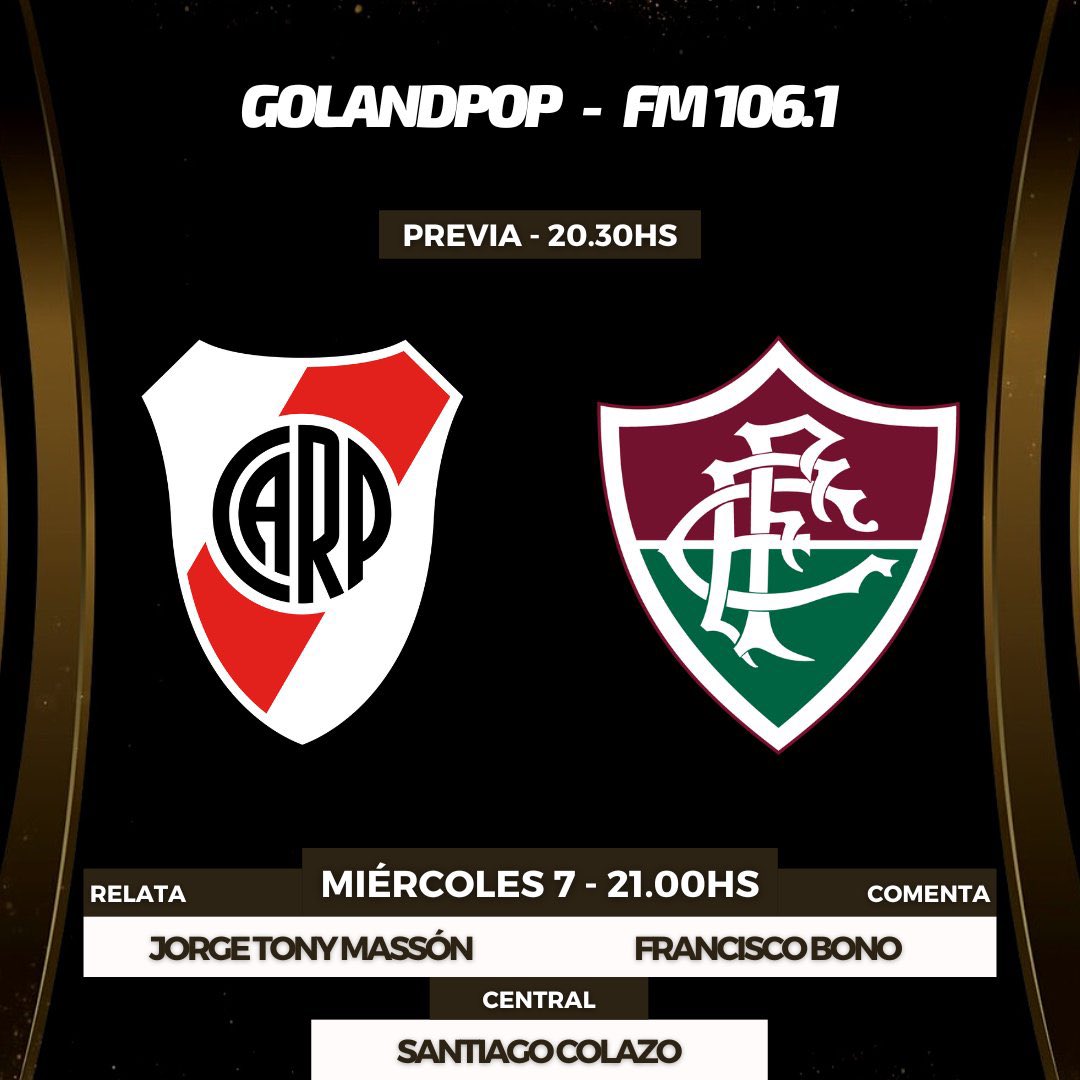 🔴⚪️ ¡PARTIDO CLAVE PARA EL MILLO! #River recibe a #Fluminense 🇧🇷 en el estadio Mâs Monumental por la quinta fecha del Grupo D de la CONMEBOL #Libertadores 

📻 Lo vivís junto a Cadena <a href="/golandpop/">GOLANDPOP 📻</a> en FM 106.1 y más de 80 radios de Argentina.