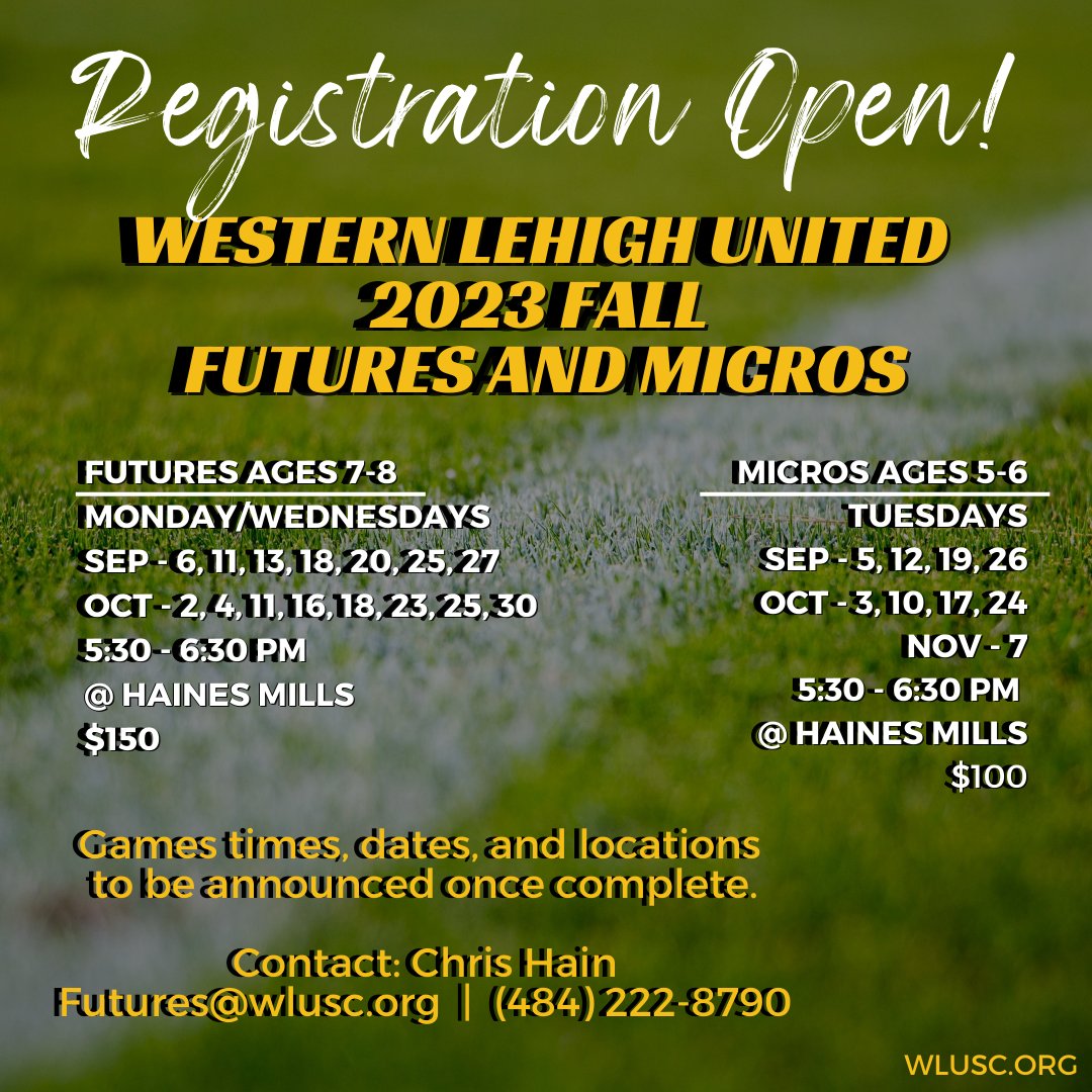 LehighUnited's tweet photo. REGISTRATION OPEN! 

Western Lehigh United 2023 Fall Futures and Micros

Visit https://t.co/ZA91babxKP to register.

#wlusc #soccer #clubsoccer #futures #micros #registertoday https://t.co/aX0B3qlga3