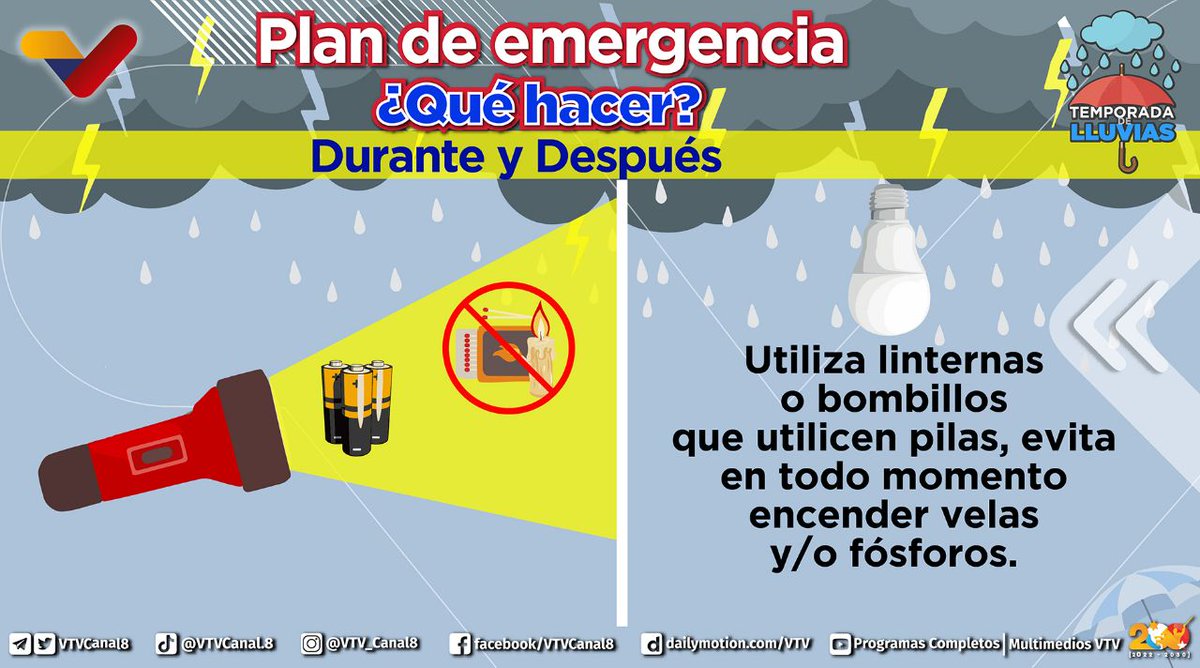 VTVcanal8's tweet photo. #PRECAUCIÓN☔| Ante la llegada de las lluvias toma tus precauciones 👇

Ten siempre a la mano objetos útiles y accesibles como: Linternas o bombillos con pilas🔋

Evita utilizar fósforos o velas 🕯️

¡Tu bienestar y el de tu familia es la prioridad!

#VenezuelaEsUniónYCooperación https://t.co/yp6VmyNFfK