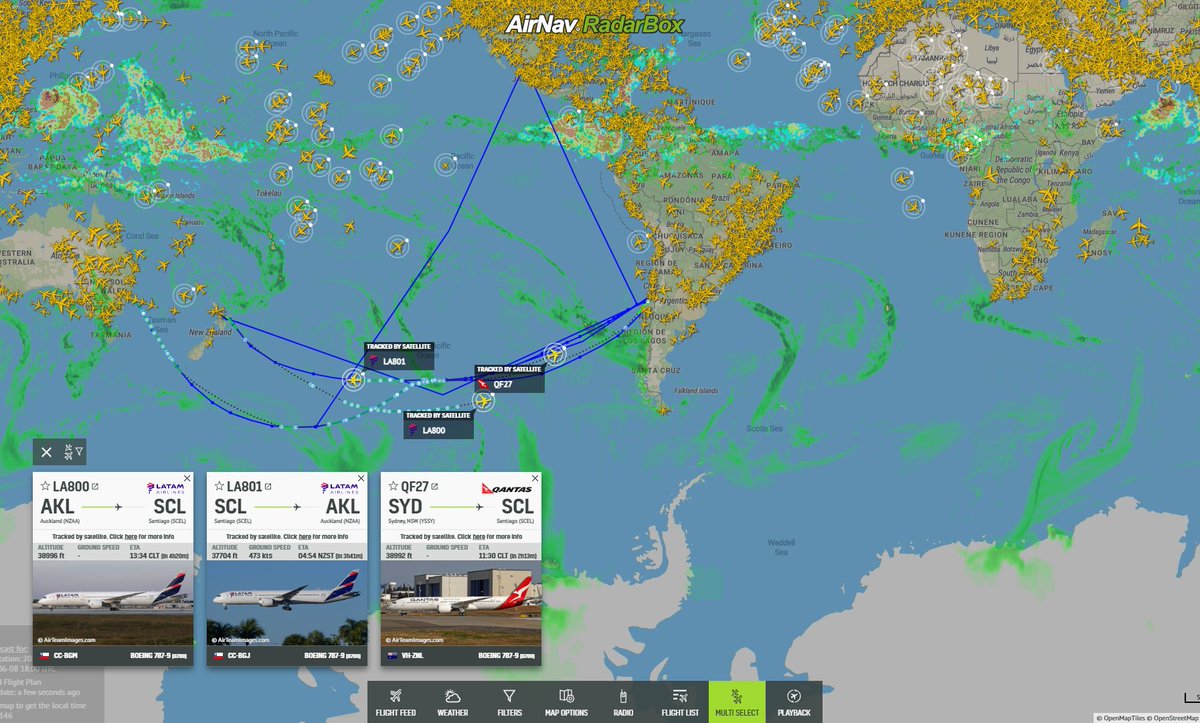 AirNavRadar's tweet photo. From #Oceania to #SouthAmerica, witness the transcontinental flights of #LA800 - Auckland ✈️ Santiago, #LA801: Santiago ✈️ Auckland, and #QF27 - Sydney ✈️ Santiago! 🌍✈️🌎
Track them all at
https://t.co/khQJKrO0CV 🛩️✨ https://t.co/vCi9rgakGB