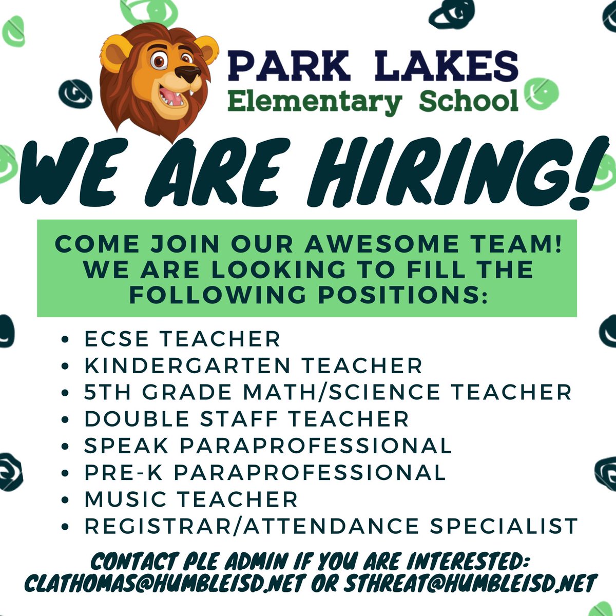 HumbleISD_PLE's tweet photo. Come join our PLE Family!!! 🙌❤️💚 Contact @ClaThomas_PLE or @ThreattSoviet if you are interested or know of someone! @HumbleISD https://t.co/nAVDTyPQsT