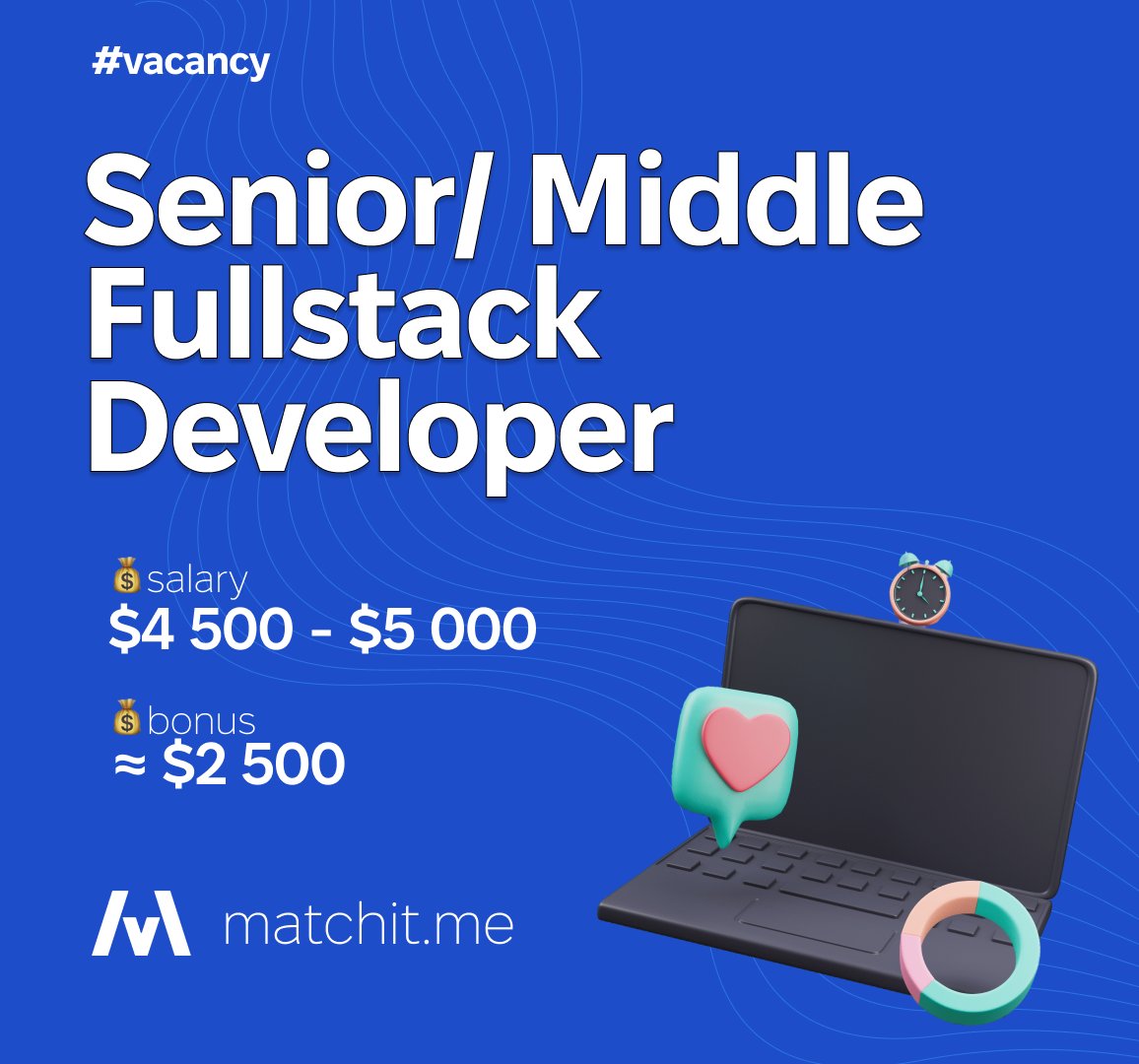 Matchit.me is looking for a Senior/Middle Fullstack Developer! 🖥
🌍Remotely, Ukraine 🇺🇦
💰bonus: ≈$2500
💸Salary: $4500-$5000

More here: app.matchit.me/vacancies/5408…

#JobOpening #FullStackDeveloper #Hiring #TechJobs #RemoteWork #UkraineJobs #Teamwork #WorkFromHome
