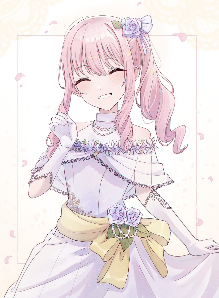dress pink hair closed eyes 1other flower gloves smile  illustration images