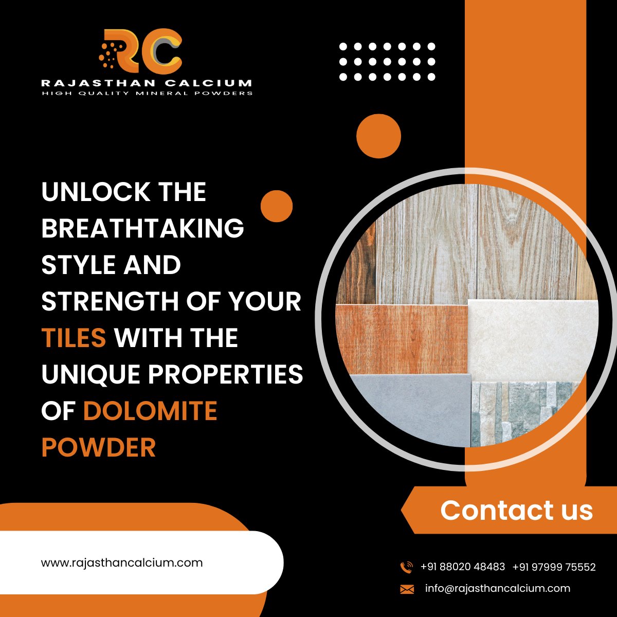 RajasthnCalcium's tweet photo. Dolomite Powder adds outstanding strength to your tiles to make them last longer. Make your tiles look great for years without losing their lustre with Rajasthan Calcium. #RajasthanCalcium #DolomitePowder #TileGame #CaptivatingTiles https://t.co/F98wzJQjDu