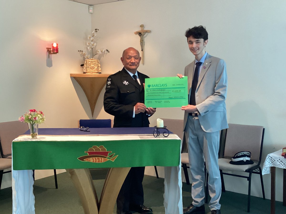 SalesianFboro's tweet photo. Major Mani Rai MBE, DL from @stjohnambulance  receives a donation for £208 from Year 12 student, Duncan, from all his  fundraising activities in the College this year. Well done Duncan! https://t.co/JmezVAb4of
