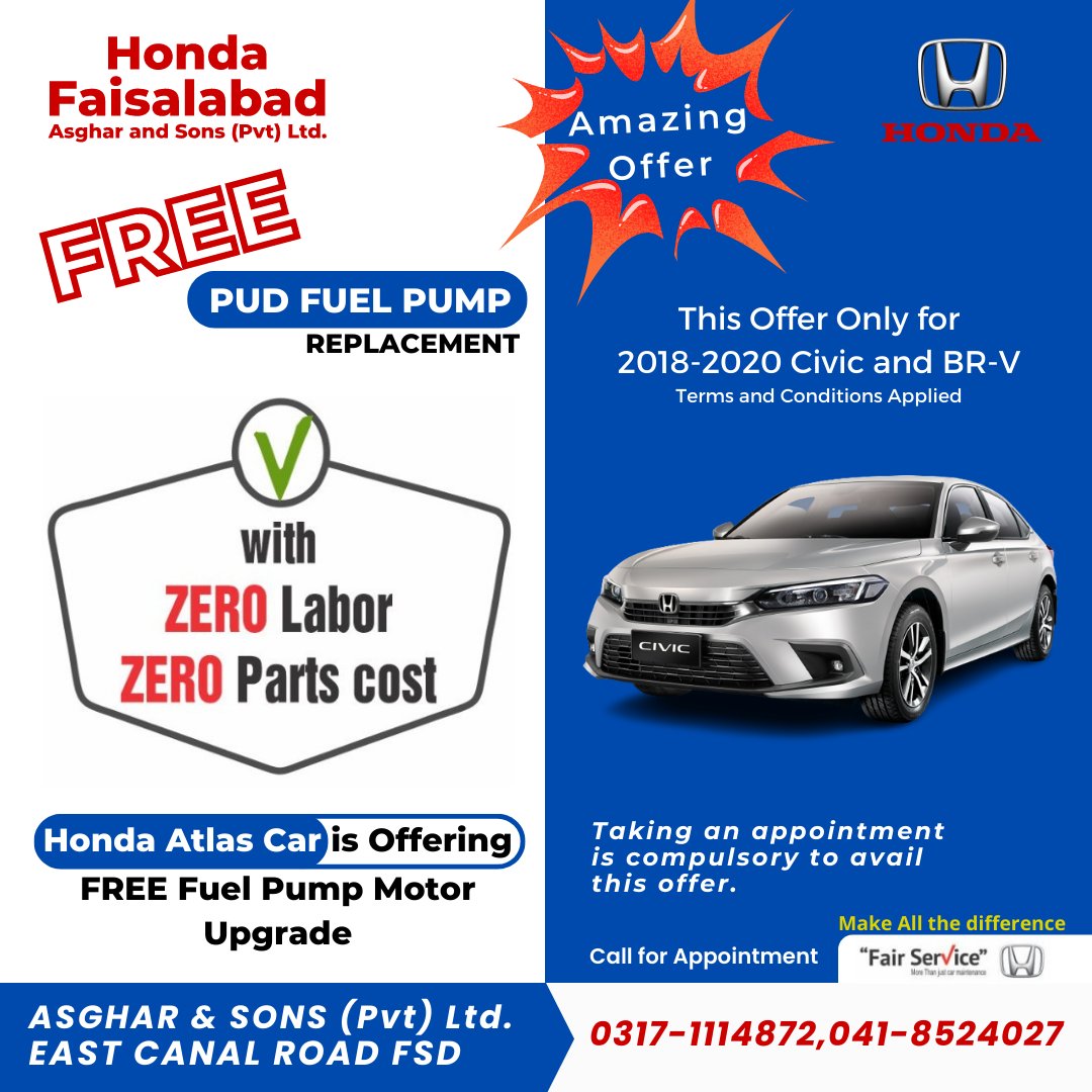 asghar_sons's tweet photo. Honda Faisalabad Motors are Providing a fantastic offer. You can replace your PUD Fuel Pump today for #FREE of cost without charge.
For Details Contact Us at
0317 1114872, 041 8524027
Visit: #Honda Faisalabad East Canal Road
#hondapakistan #hondafaisalabad #maintenance  #fuelpump https://t.co/2B3FXh6s5l