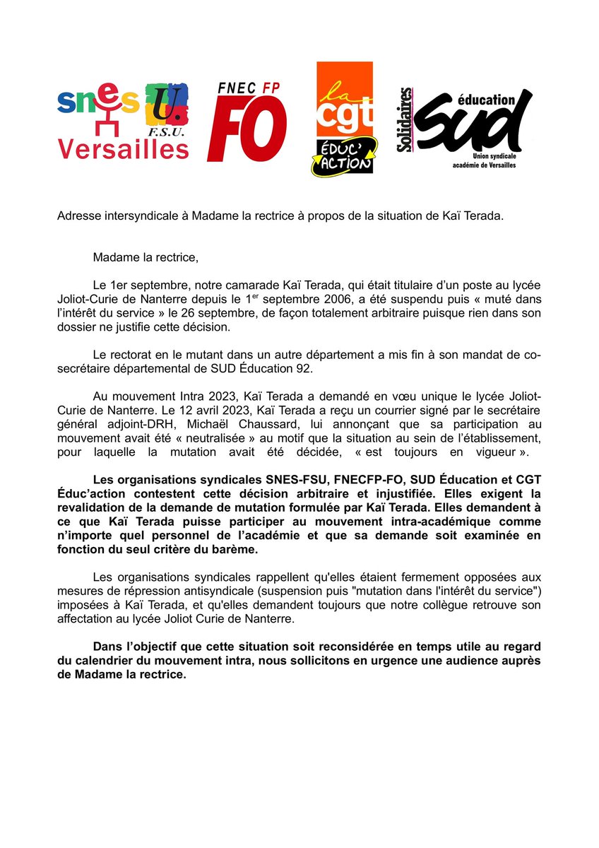 tpamz's tweet photo. 🚨#KaiTerada prof au lycée Joliot-Curie de Nanterre (92) est muté d'office le 26/09
➡️Il participe au mouvement intra cette année et apprend que sa demande est "neutralisée"
➡️Donc Kai a été muté avec un dossier vide pour s'être mobilisé et est maintenant... interdit de mutation! https://t.co/toydsAa9Hs