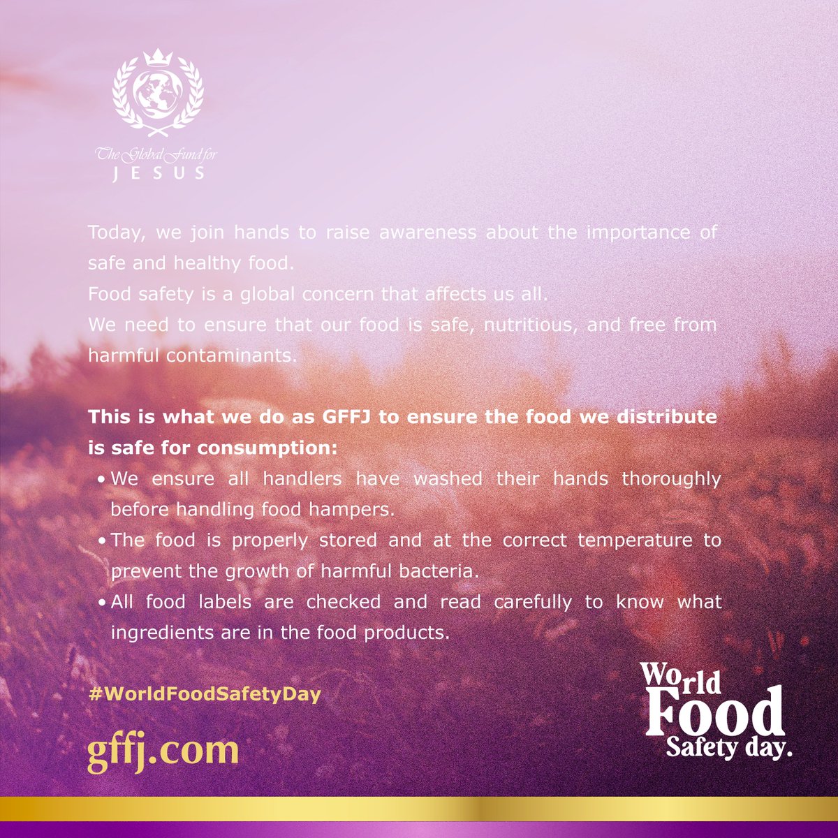 Real_GFFJ's tweet photo. 🌍 GFFJ Celebrates World Food Safety Day! 🌍

Today, we join hands to raise awareness about the importance of safe and healthy food.
Food safety is a global concern that affects us all.
We need to ensure that our food is safe, nutritious, and free from harmful contaminants. https://t.co/2rlDhplcyP