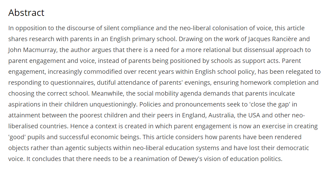 Indeed, parents should not be viewed only as 'supporting acts' in creating 'good' students in the neoliberal society. They need genuing representation that is democratic and authentic for parents and families. Great article by @newnortherner journals.sagepub.com/doi/10.1177/17…