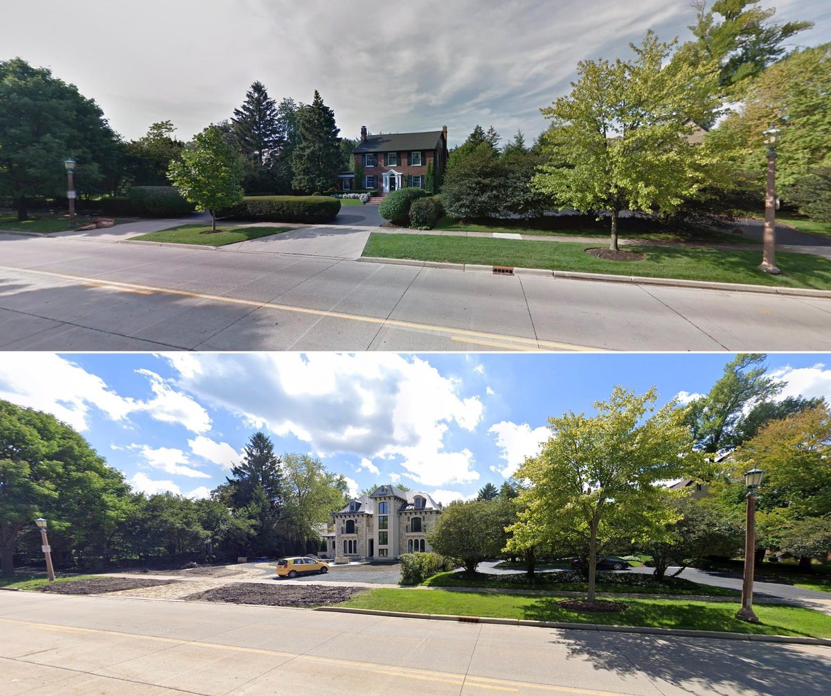 ant_malin's tweet photo. BEFORE &amp; AFTER: Brick home demolished to make way for this new stone facade home. What do you think? The before was such a timeless, well cared for home 😞

@PlanningShit https://t.co/QkP1X61SZy