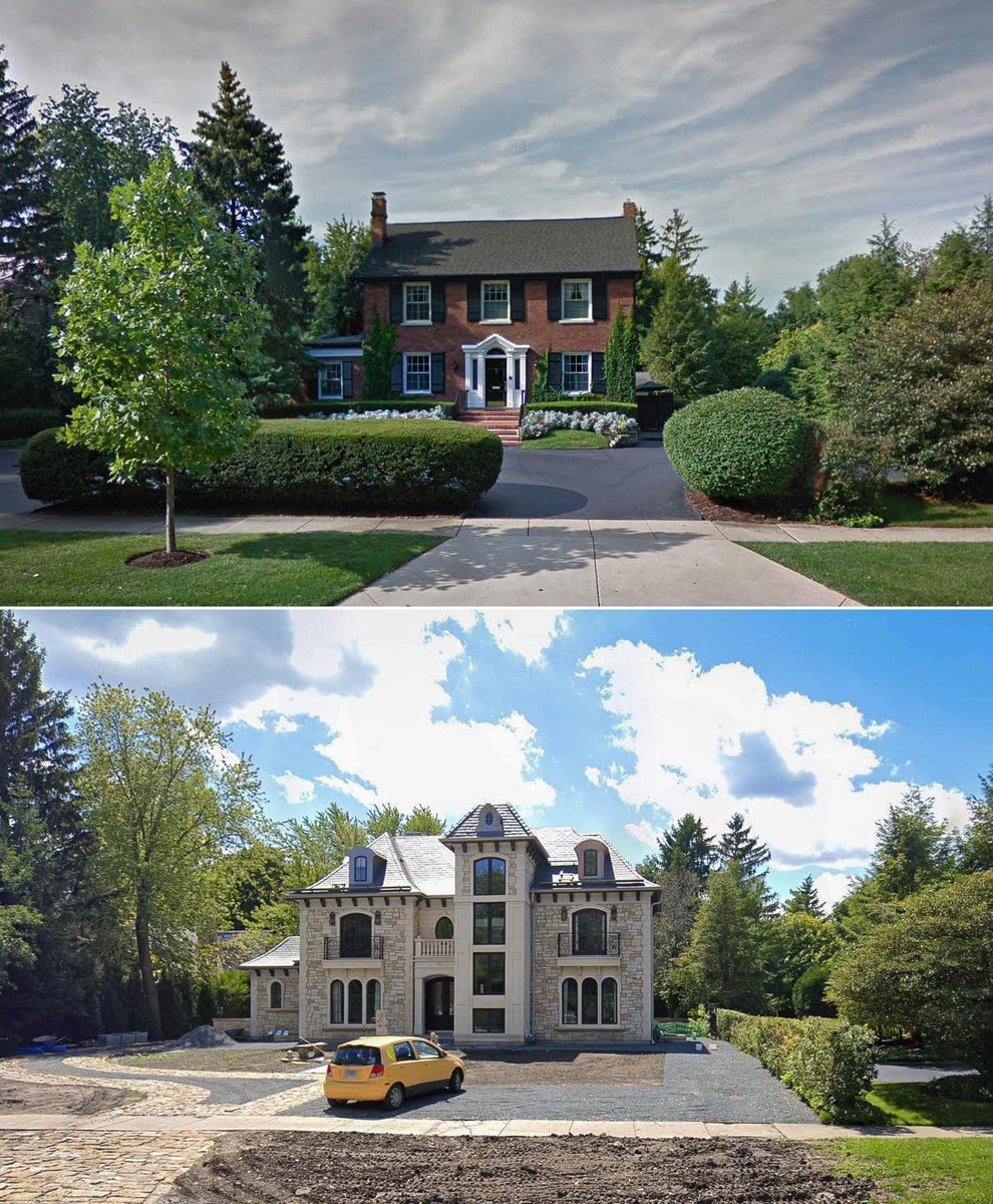 ant_malin's tweet photo. BEFORE &amp; AFTER: Brick home demolished to make way for this new stone facade home. What do you think? The before was such a timeless, well cared for home 😞

@PlanningShit https://t.co/QkP1X61SZy