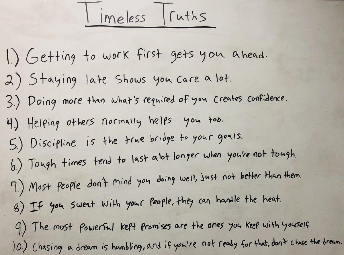 TMitrosilis's tweet photo. 10 Timeless Truths:

1. Getting to work first gets you ahead.

2. Staying late shows you care a lot.

3. Doing more than what's required of you creates confidence.

4. Helping others normally helps you, too.

5. Discipline is the true bridge to your goals.

6. Tough times tend to last a lot longer when you're not tough.

7. Most people don't mind you doing well, just not better than them.

8. If you sweat with your people, they can handle the heat.

9. The most powerful kept promises are the ones you keep with yourself.

10. Chasing a dream is humbling, and if you're not ready for that, don't chase the dream.

***
There's context and nuance to all of these.

Which one resonates most with you?

What's a "timeless truth" you would add?