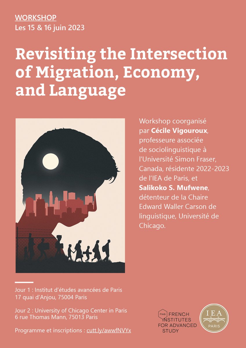 IEA de Paris (@ieadeparis) on Twitter photo #agenda
Un atelier interdisciplinaire proposé par Cécile Vigouroux (#IEAFellow <a href="/SFU/">Simon Fraser University</a>) réunissant politologues, historiens, sociolinguistes...pour s'interroger sur les liens entre les #migrations, l'#économie & la #langue
👉cutt.ly/PweupWO6
En partenariat avec <a href="/UChicagoParis/">UChicagoParis</a> #agenda
Un atelier interdisciplinaire proposé par Cécile Vigouroux (#IEAFellow <a href="/SFU/">Simon Fraser University</a>) réunissant politologues, historiens, sociolinguistes...pour s'interroger sur les liens entre les #migrations, l'#économie & la #langue
👉cutt.ly/PweupWO6
En partenariat avec <a href="/UChicagoParis/">UChicagoParis</a>
