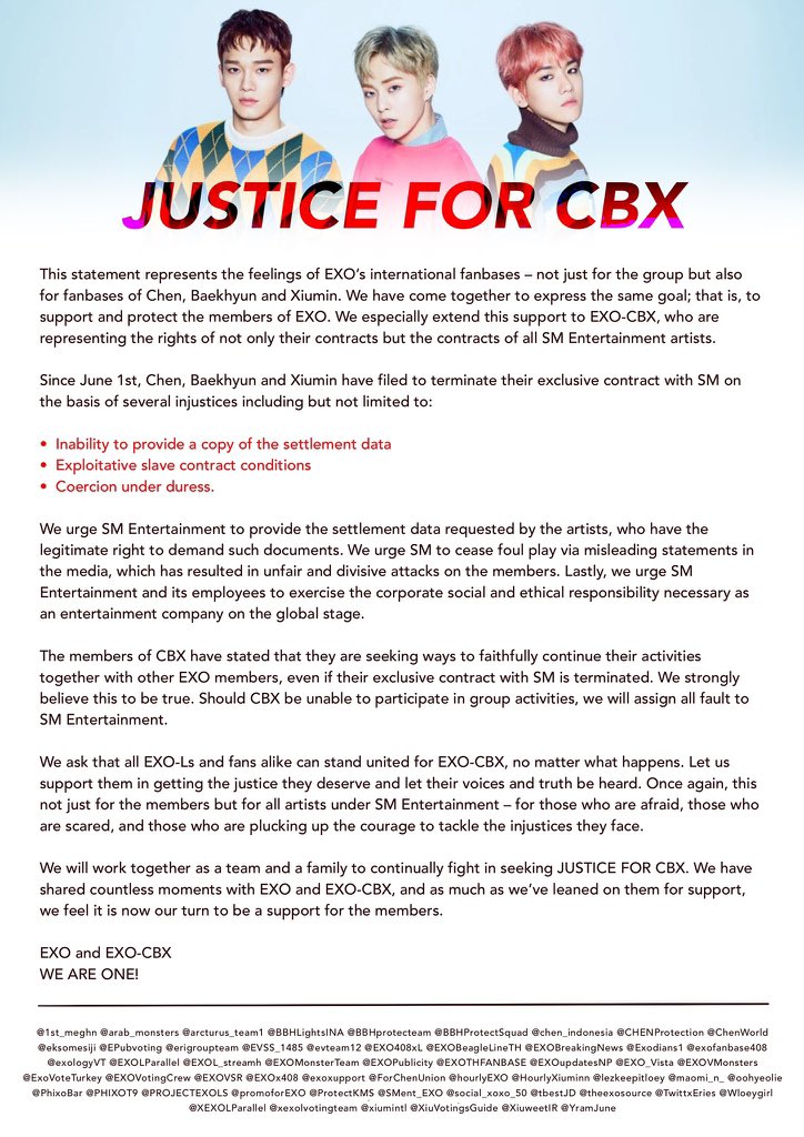 kokokbop's tweet photo. Official Joint Statement Of CBX &amp; EXO Fanbases to @SMTOWNGLOBAL 📣

#JusticeForCBX @weareoneEXO 
#첸백시_더_강하게 #UnitedForCBX https://t.co/Cl5p6eFUEo