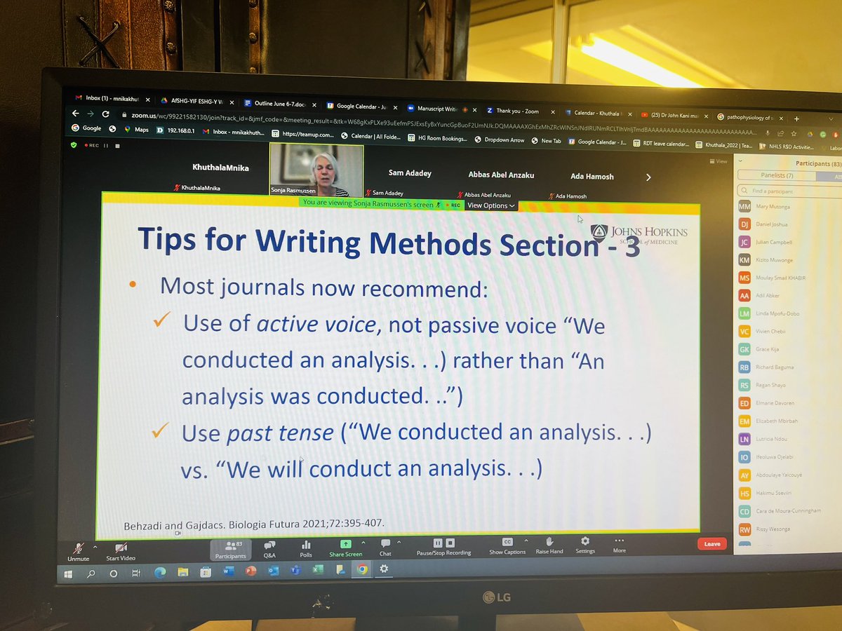 Thala_Mnika's tweet photo. Session 2 of Manuscript Writing Series is on.

Prof Sonja Rasmussen giving tips on how to write the Material and Methods section.
@eshg_young 
@AfSHGenetics https://t.co/7CMJ9jgeWR