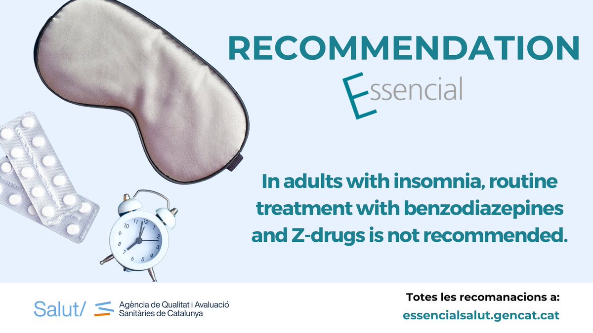 Approximately 20% of individuals in our population experience episodes of #insomnia, with this percentage rising to around 40-50% in those aged over 65.

Check out the updated recommendation 👇

essencialsalut.gencat.cat/en/detalls/Art…

#EssencialSalut