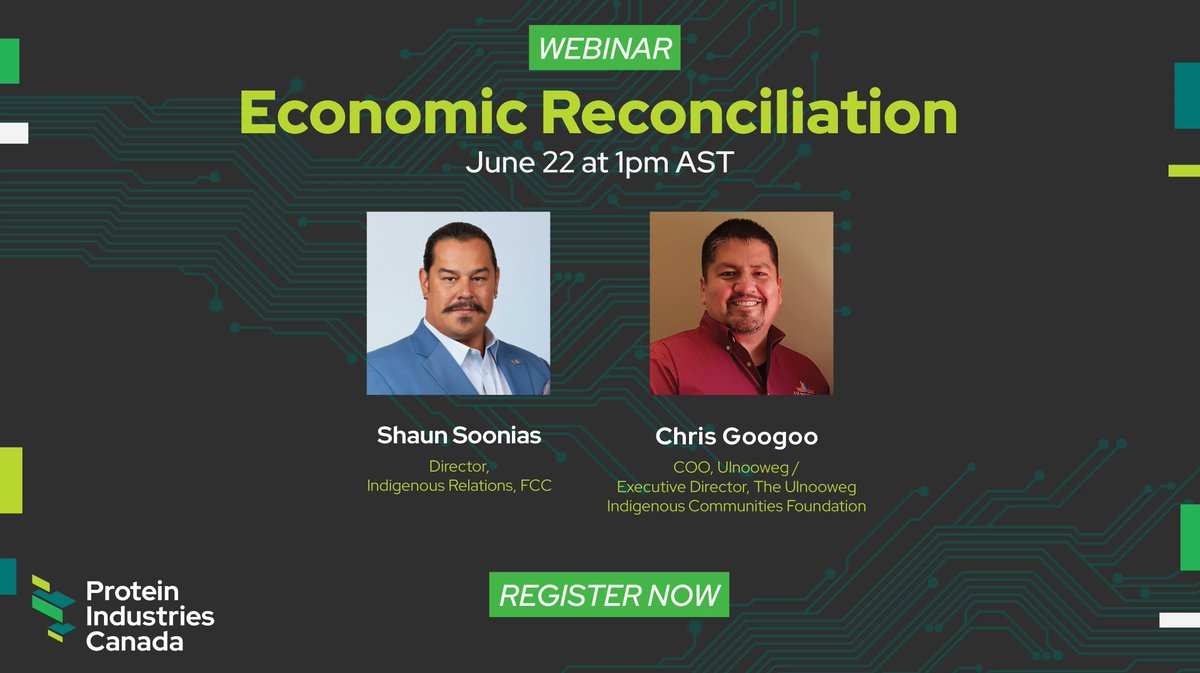 This National Indigenous History Month, <a href="/proteinindcan/">Protein Industries Canada</a> is hosting a webinar on economic reconciliation with Indigenous leaders Shaun Soonias (<a href="/FCCagriculture/">Farm Credit Canada</a> ) and Chris Googoo (<a href="/Ulnooweg/">Ulnooweg Development Group Inc.</a>  Indigenous Communities Foundation).

Here's the link to register:
buff.ly/439y4hz