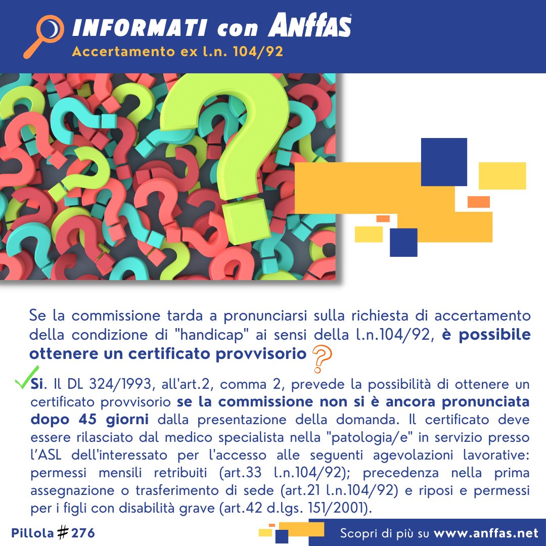 AnffasNazionale's tweet photo. 🔎 Accertamento #Legge104: se la commissione tarda a pronunciarsi sulla richiesta di #accertamento della condizione di "#handicap" ai sensi della l.n.104/92, è possibile ottenere un certificato provvisorio❓ Per informazioni 👉 https://t.co/VqacjiZvtD https://t.co/ITfPWsAtDI