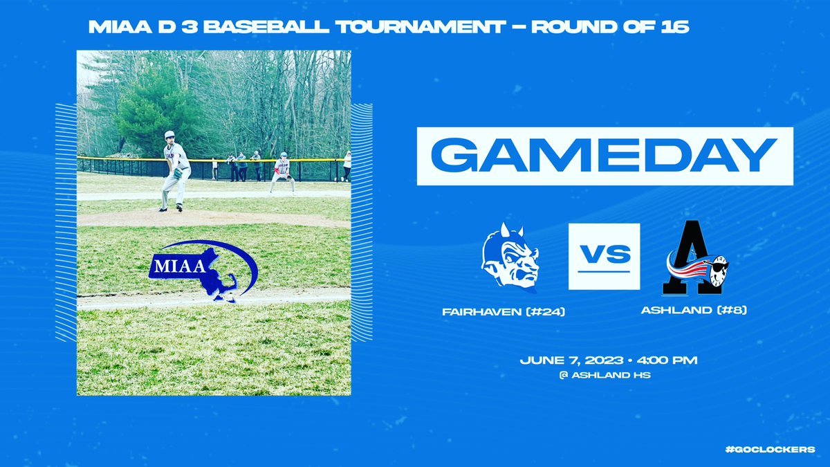 Come out and support Clockers Baseball as they host Fairhaven this afternoon (4:00) in the MIAA D3 Round of 16! <a href="/CoachMessAHS/">Matt Messer</a> <a href="/ClockerClub/">The Clocker Club</a> <a href="/ClockerNation/">The Clocker Crazies</a> <a href="/Kstcoeur/">Kelley St Coeur (she/her/hers)</a> <a href="/MrsELachapelle/">Erin Lachapelle (she/her/hers)</a> <a href="/Ms_Sullivan_AHS/">Meaghan Sullivan</a> <a href="/FairhavenAD/">Fairhaven HS Athletics</a> <a href="/AshlandSuper/">Jim Adams (he, him, his)</a> <a href="/ClockerTalk/">Michael A. Caira, Jr.</a>