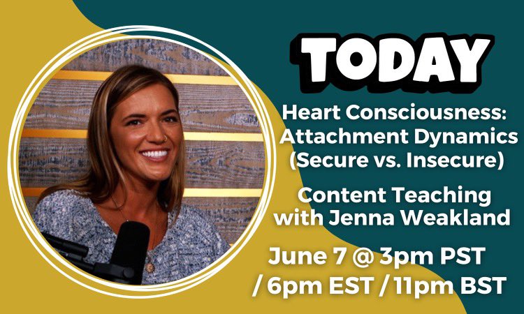 SelfHealers Circle (@selfhealerscirc) on Twitter photo 🚨 LIVE EVENT HAPPENING TODAY 🚨
Heart Consciousness: Attachment Dynamics (Secure vs. Insecure)
with <a href="/jennaweakland/">Jenna Weakland</a> 🚨 LIVE EVENT HAPPENING TODAY 🚨
Heart Consciousness: Attachment Dynamics (Secure vs. Insecure)
with <a href="/jennaweakland/">Jenna Weakland</a>