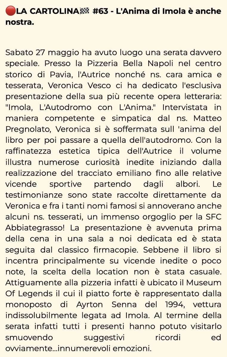 Sfc_Abb's tweet photo. 🔴LA CARTOLINA🏁 #63 - L'Anima di Imola è anche nostra

Sabato 27 ha avuto luogo una serata speciale. Presso la #PizzeriaBellaNapoli di Pavia, l'Autrice, cara amica e tesserata, @VeronicagVesco  ci ha dedicato la presentazione della sua opera: "Imola, L'Autodromo con L'Anima" https://t.co/bfo8T8k0p4