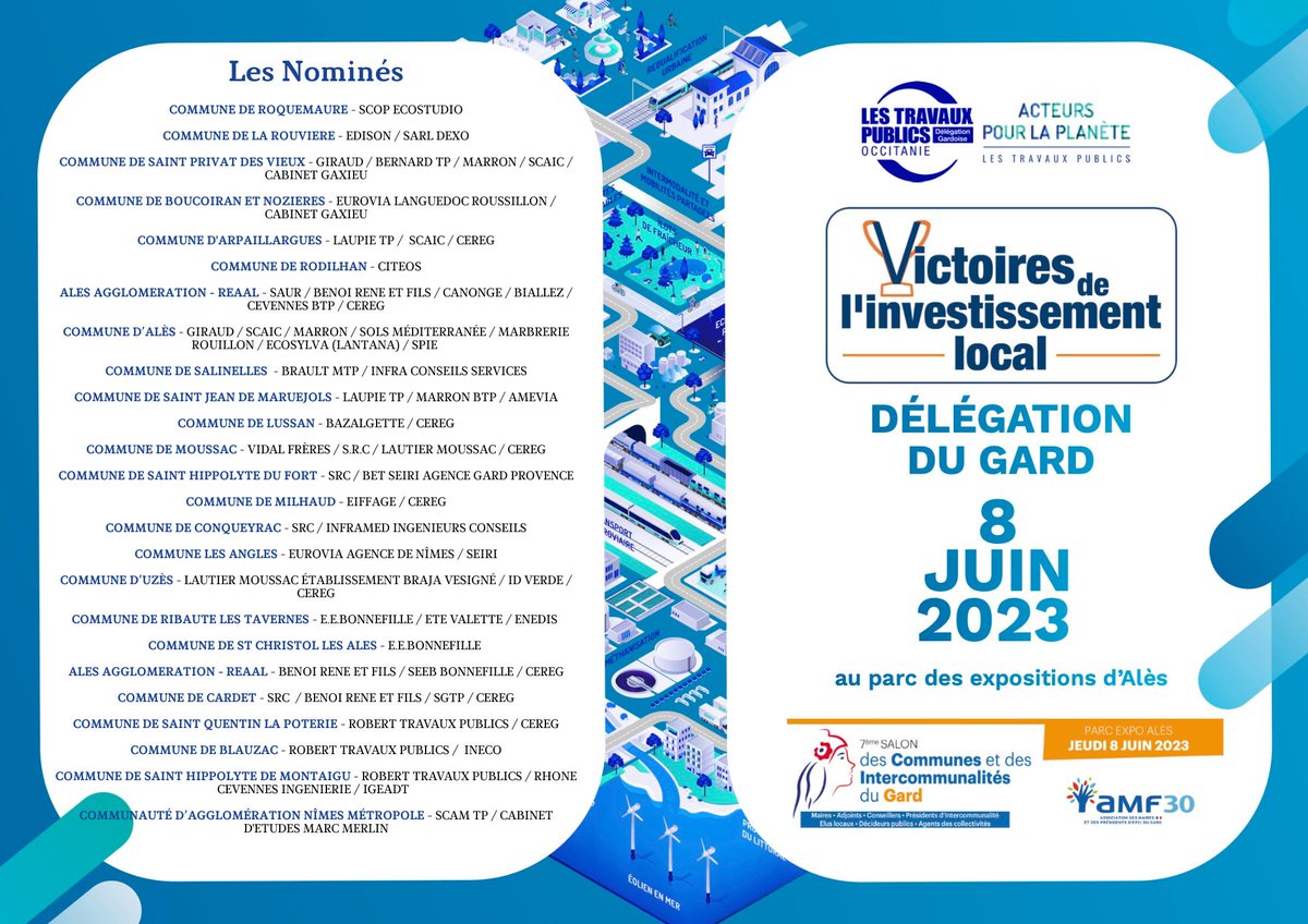 [#VIL2023] 📣 La remise des Victoires de l’Investissement Local du Gard se déroulera lors de la 7ème édition du Salon des Communes et des Intercommunalités du Gard.
@AMF30
🌟25 nominations
🗓️ jeudi 8 juin
⏰ à 16h
📍au Parc des Expositions d’Alès #occitanie