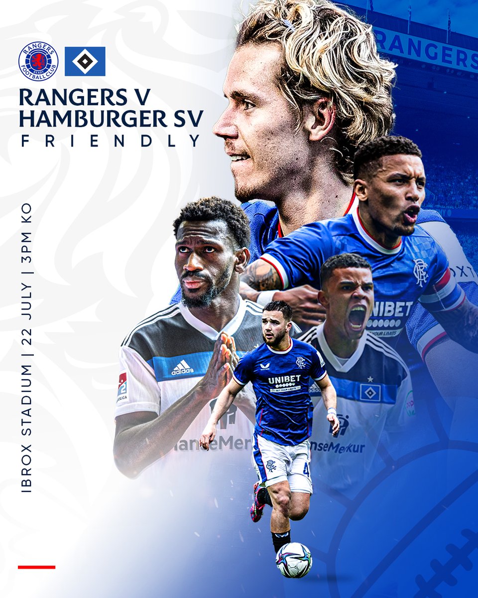 Rangers 🤝 @HSV

💙 We will welcome partner club @HSV to Ibrox Stadium on Saturday, July 22 with a 3pm kick-off.

👉 All the Ticketing Info: rng.rs/3NiN3jU