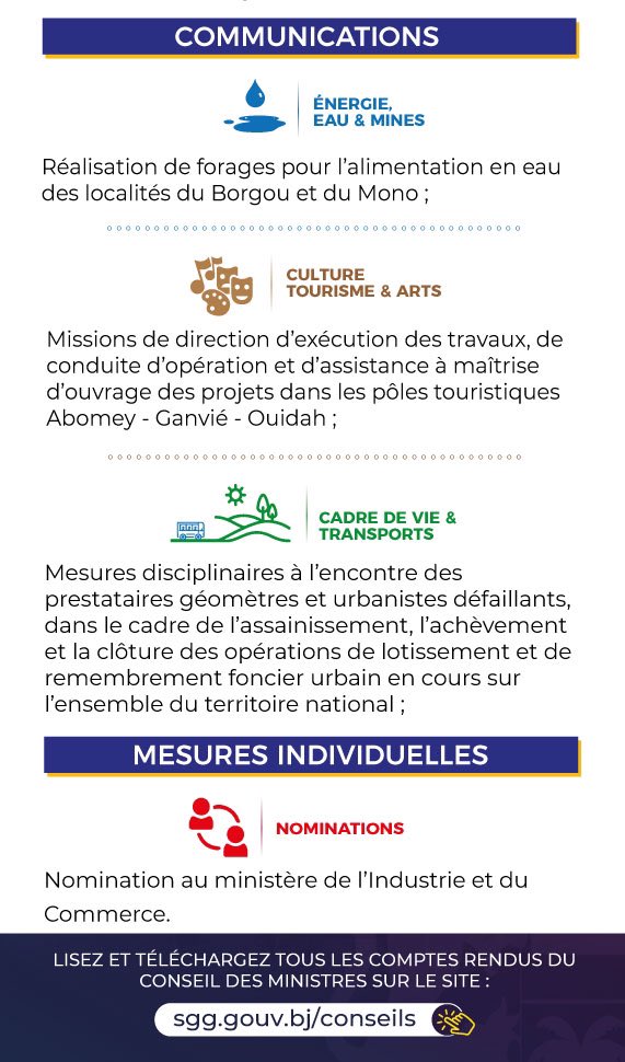 #Prbenin #Wasexo #agmb12  #ConseilDesMinistres : 

🛑 Infographie récapitulative des grandes décisions du Conseil des ministres de ce mercredi 07 juin 2023.