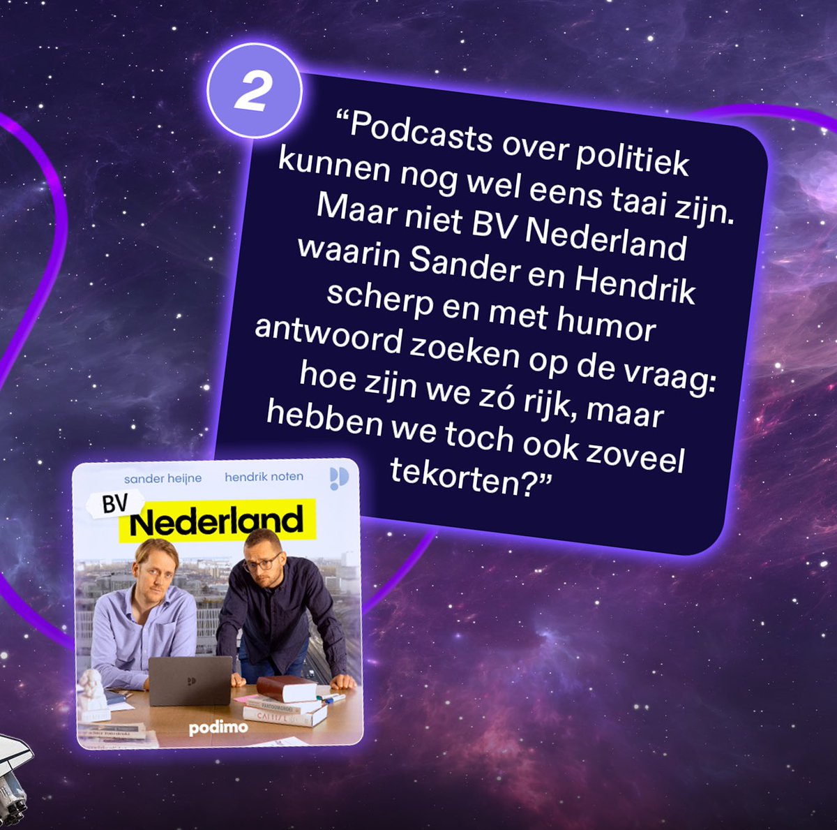Podimo_NL's tweet image. Als je écht moet kiezen, welke podcasts neem jij dan mee de ruimte in? 🚀 We vroegen het @maikevanleeuwen van @DeRodeLantaarn en Wie praat die slaapt. Check hier haar top 3 💫. 

#podcast #podimo #hetcompiment #bvnederland #fantoomgroei #at6