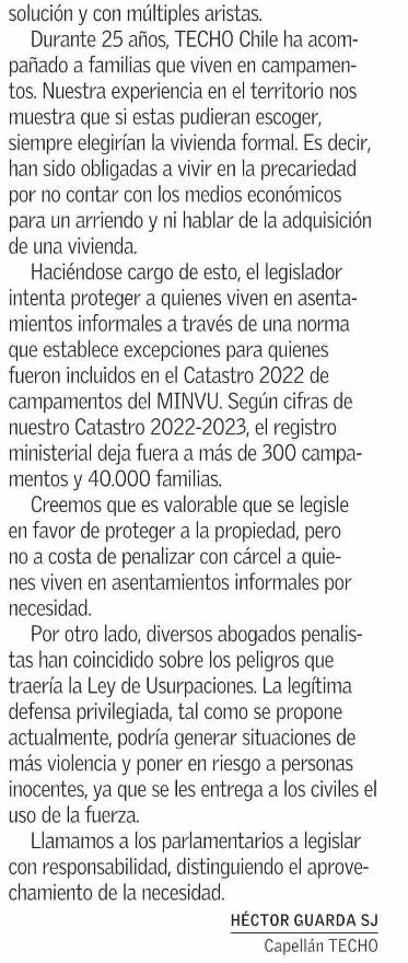 TECHOChile's tweet photo. Frente a la ley de usurpaciones que se discute en el Congreso, nuestro capellán @hguardasj declaró en @ElMercurio_cl que:

“No es lo mismo una ocupación abusiva de un terreno que la toma realizada por personas en situación de precariedad socioeconómica". https://t.co/GTUROFBQLt