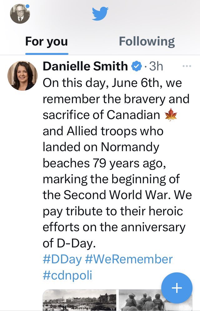 .@AbDanielleSmith the landing on Normandy beach did not “mark the beginning of the Second World War”.

We did not invade Europe and began the war.

WW2 did not start 79 years ago, on June 6, 1944. It started on September 1 1939.

I’m worried about the Alberta curriculum.

#ableg