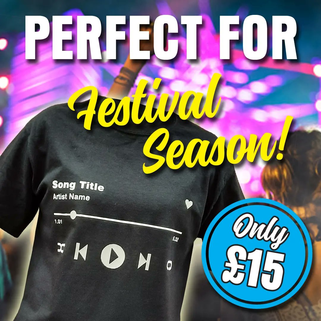 MasterprintUK's tweet photo. Get ready for Festival Season with a personalised T-Shirt. Have the name of your favourite artist and song printed onto a black or white T-Shirt for only £15. #musicfestivals #tshirtdesign #tshirts #printing #shoplocal #sthelens https://t.co/mr0M3c8SiL