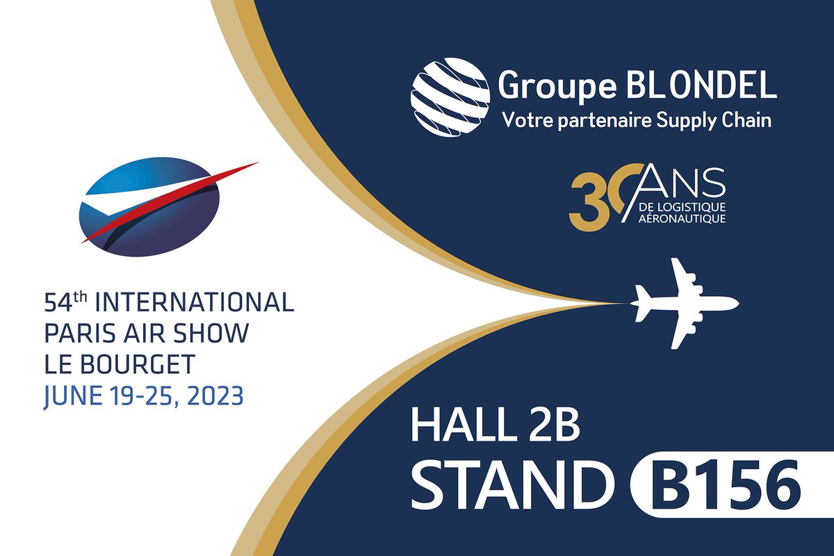 🗓️Le <a href="/GroupeBlondel/">Groupe BLONDEL</a> vous donne rendez-vous au salon International de l’Aéronautique et de l’Espace au Bourget du 19 au 25 juin ! ✈️🚀

📍Stand🅱 1️⃣ 5️⃣ 6️⃣ du Hall 2B au #ParisAirShow pour échanger et partager la passion #aéro ! ✈️

 <a href="/salondubourget/">Paris Air Show</a> #logistique #supplychain