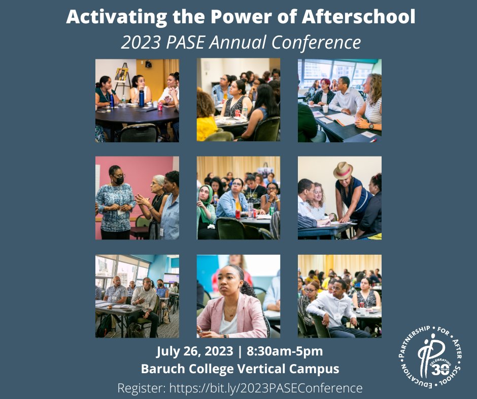 PASEsetter's tweet photo. Early bird registration is now open for our PASE Annual Conference! Join us on 7/26 to learn new skills, hear reflections from leaders in the youth development field, and connect with peers from across #NYC. #PASECon23 #afterschool 

Register: https://t.co/Jr0sx6R7tR https://t.co/zNwgOVHoDf