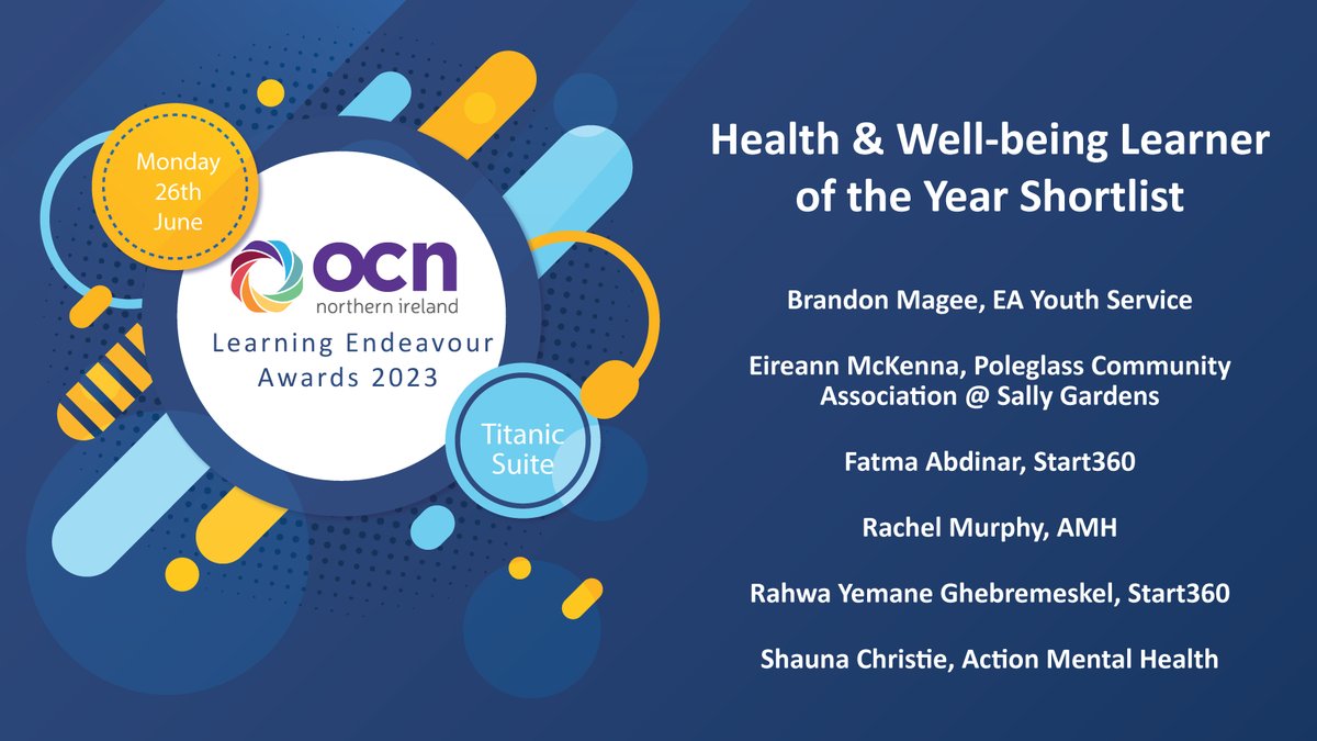 ocnni's tweet image. Next up we have our Health and Well-being Learner of the Year Award category in the OCN Learning Endeavour Awards🎉🏆 Let's celebrate their accomplishments and eagerly anticipate the winner's reveal at the awards ceremony on 26th June in the Titanic Suite, Belfast✨
#OCNAwards23