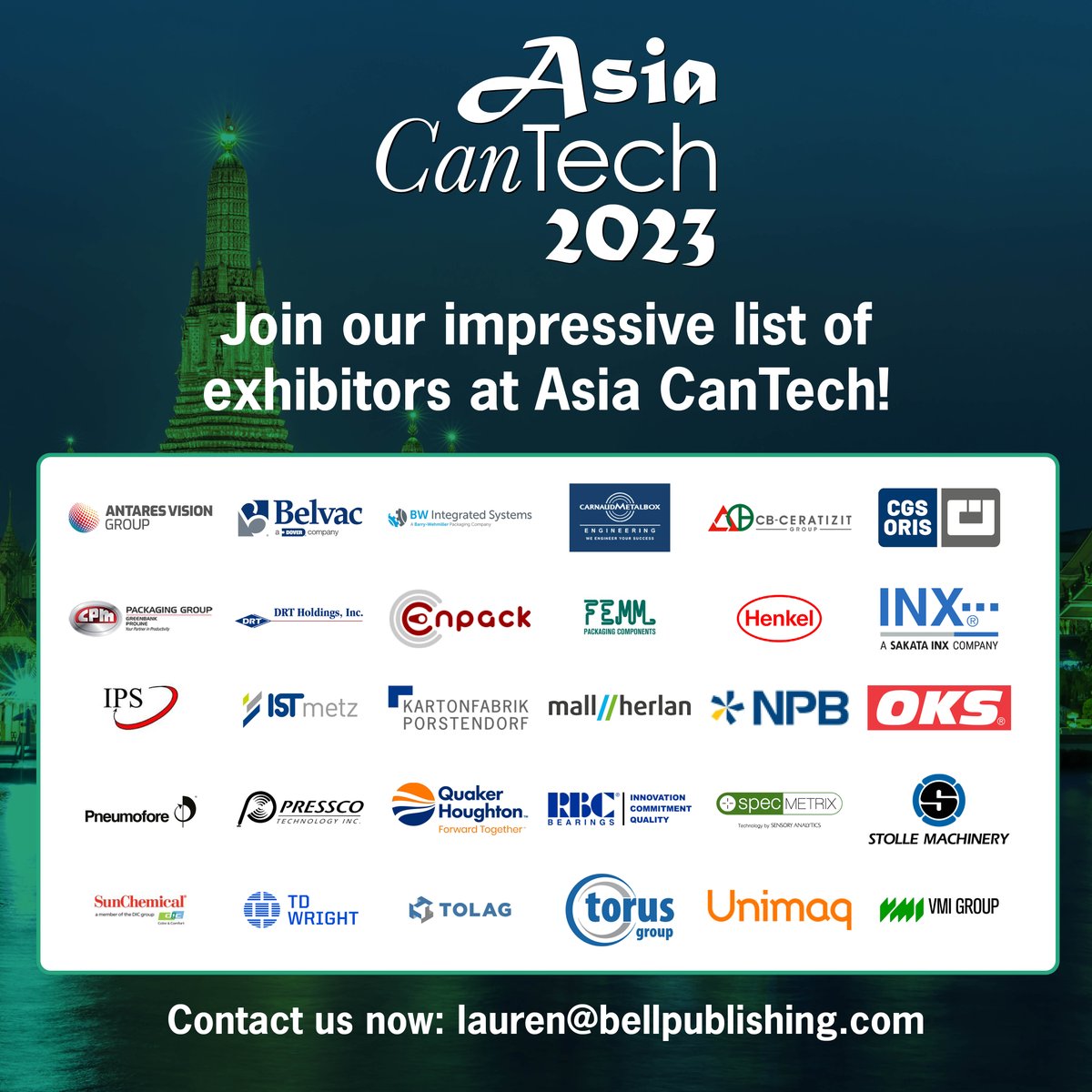 Join our impressive list of exhibitors for Asia CanTech 2023!

Please email lauren@bellpublishing.com or register via the link bit.ly/3IQxtJI 

#asiacantech #asiacantech2023 #metalpackaging #events #canmakers